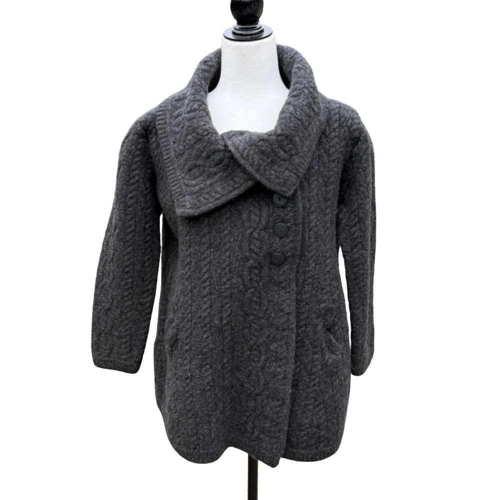 Aran Mor Ireland Womens XL Charcoal Merino Wool Cable Knit Shawl Collar Cardigan